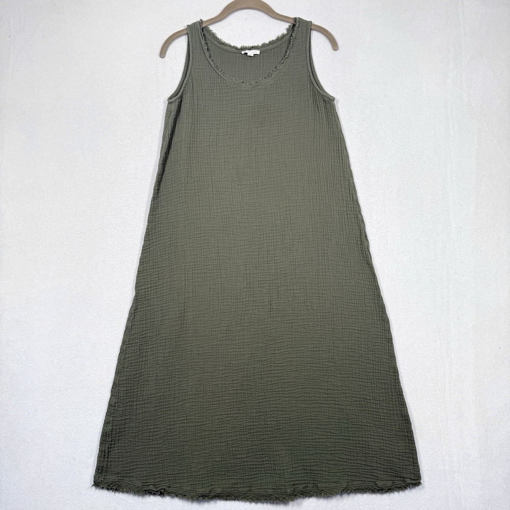 Eileen Fisher Dress Womens XS Organic Cotton Gauze Scoop Neck Midi Raw Hem Green